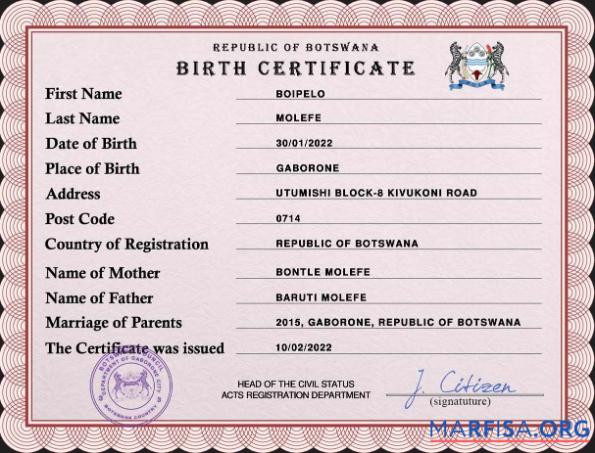 Printable Botswana vital record birth certificate PSD template
